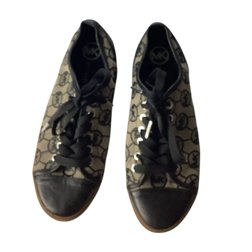 Michael Kors Womens MK Logo Monogram City Sneakers Sz 8M Black & Tan Rubber Sole